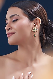 Gold Finish Kundan Polki & Multi-Colored Stone Stud Earrings
