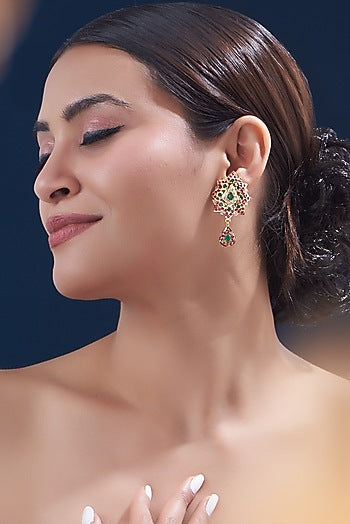Gold Finish Kundan Polki & Multi-Colored Stone Stud Earrings