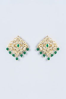 Gold Finish Kundan Polki & Green Stone Stud Earrings