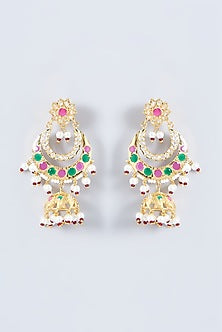 Gold Finish Kundan Polki & Multi-Colored Stone Jhumka Earrings