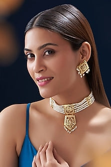 Gold Finish Kundan Polki & Pearl Choker Necklace Set