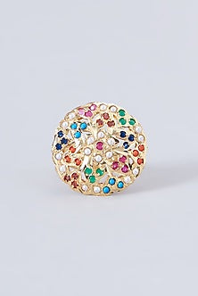 Gold Finish Kundan Polki & Multi-Colored Stone Ring