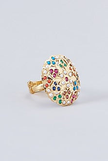 Gold Finish Kundan Polki & Multi-Colored Stone Ring