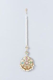 Gold Finish Kundan Polki & Pearl Maang Tikka