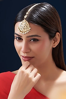 Gold Finish Kundan Polki & Pearl Maang Tikka