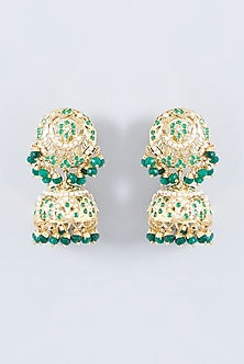 Gold Finish Kundan Polki & Emerald Jhumka Earrings