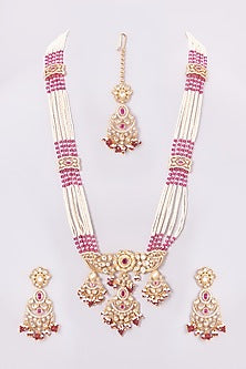 Gold Finish Kundan Polki & Red Beaded Long Necklace Set