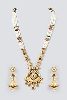 Gold Finish Kundan Polki & Beaded Long Necklace Set
