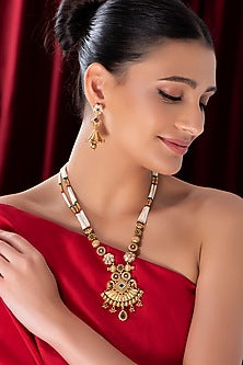 Gold Finish Kundan Polki & Beaded Long Necklace Set