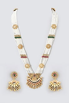 Gold Finish Kundan Polki & Beaded Long Necklace Set