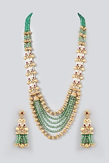 Gold Finish Kundan Polki & Green Beaded Long Necklace Set