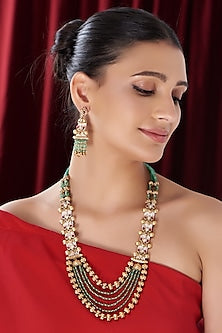 Gold Finish Kundan Polki & Green Beaded Long Necklace Set
