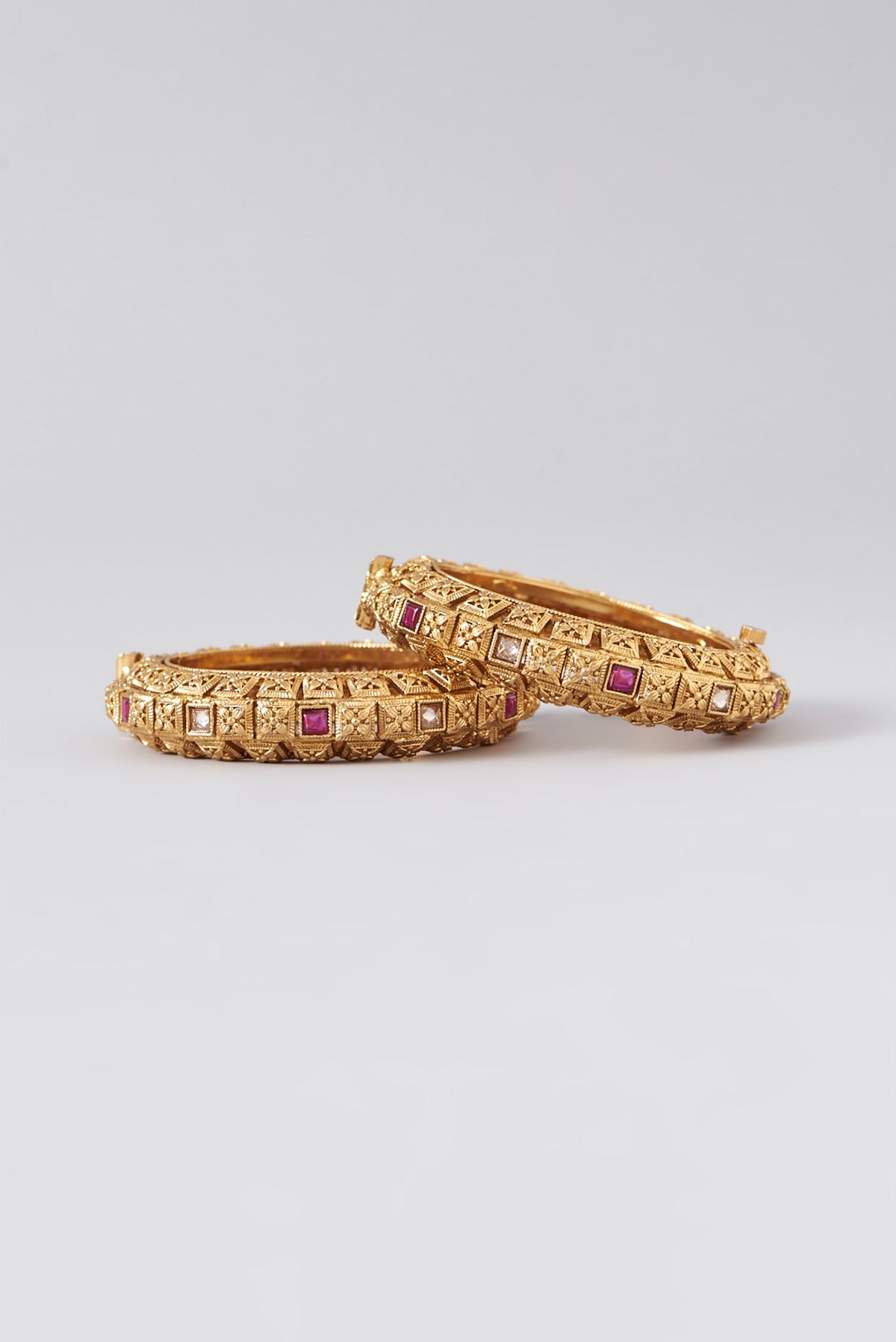 Gold Finish Kundan Polki & Red Stone Bangles (Set Of 2)