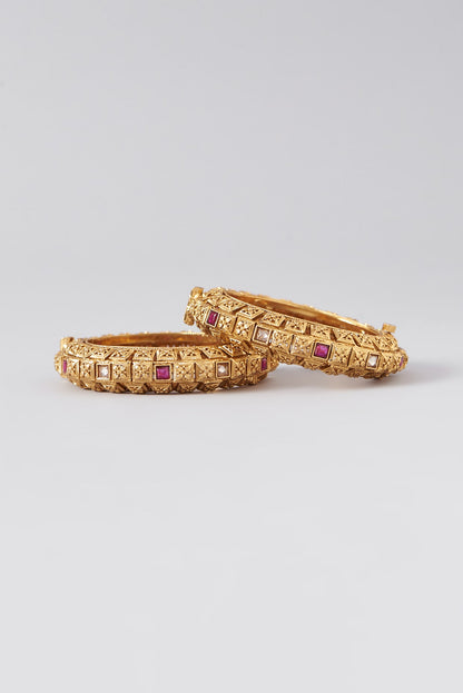 Gold Finish Kundan Polki & Red Stone Bangles (Set Of 2)