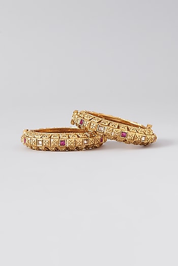 Gold Finish Kundan Polki & Red Stone Bangles (Set Of 2)