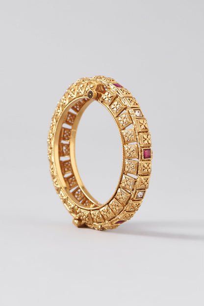 Gold Finish Kundan Polki & Red Stone Bangles (Set Of 2)