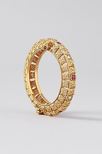 Gold Finish Kundan Polki & Red Stone Bangles (Set Of 2)