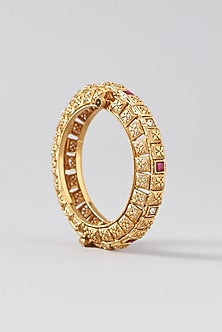Gold Finish Kundan Polki & Red Stone Bangles (Set Of 2)