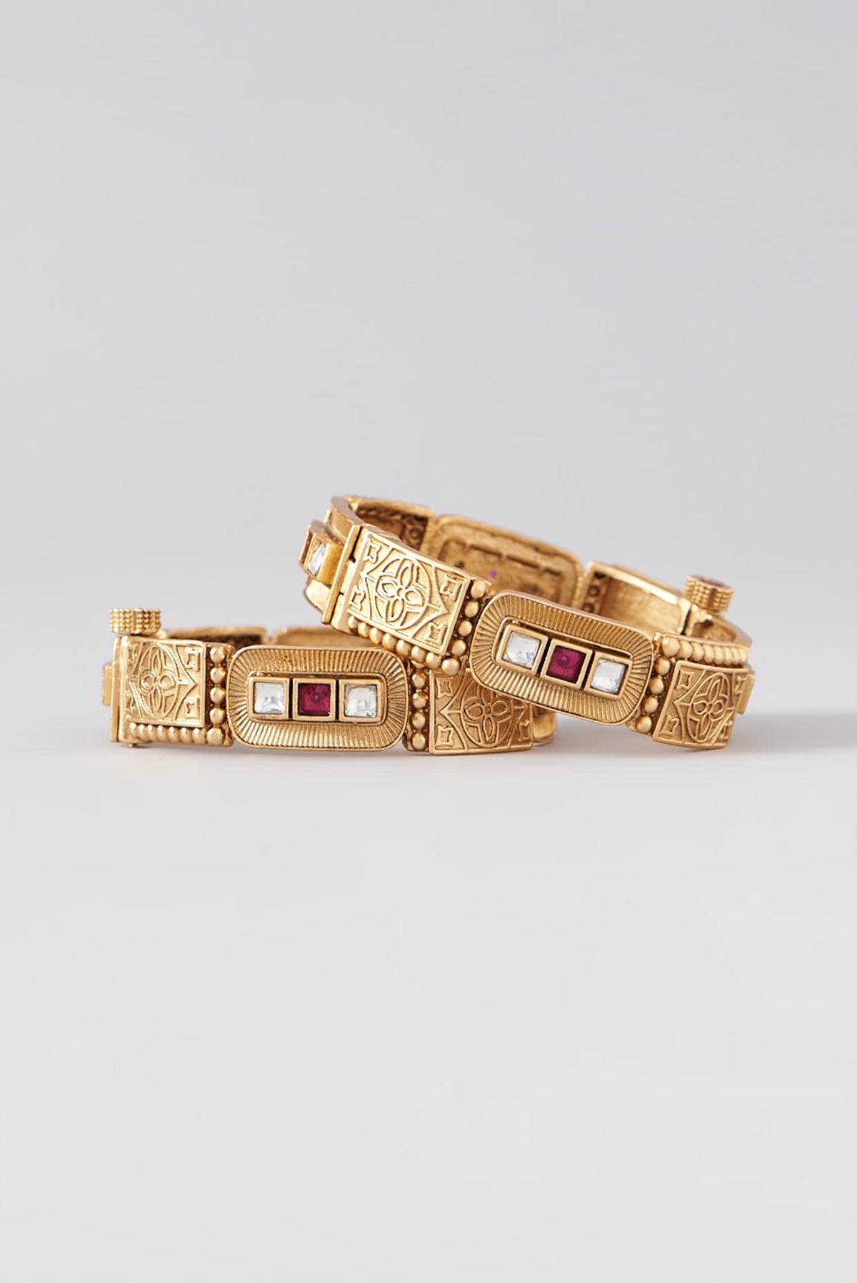 Gold Finish Kundan Polki & Red Stone Bangles (Set Of 2)