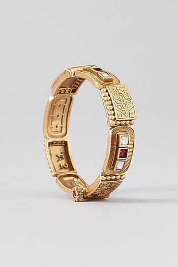Gold Finish Kundan Polki & Red Stone Bangles (Set Of 2)