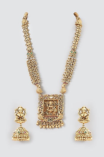 Gold Finish Pearl & Beaded Long Temple Necklace Set