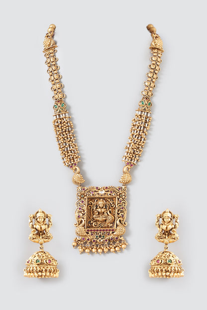 Gold Finish Pearl & Beaded Long Temple Necklace Set