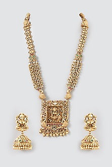 Gold Finish Pearl & Beaded Long Temple Necklace Set