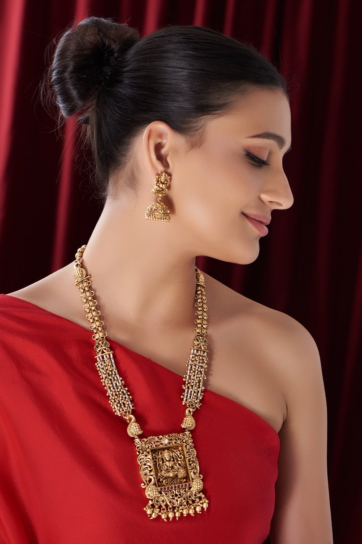 Gold Finish Pearl & Beaded Long Temple Necklace Set