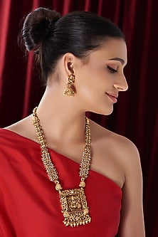 Gold Finish Pearl & Beaded Long Temple Necklace Set