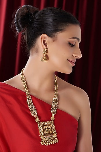 Gold Finish Pearl & Beaded Long Temple Necklace Set