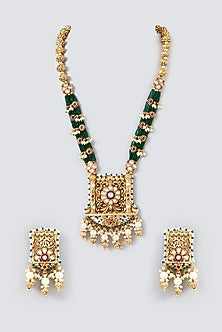 Gold Finish Pearl & Beaded Long Temple Necklace Set