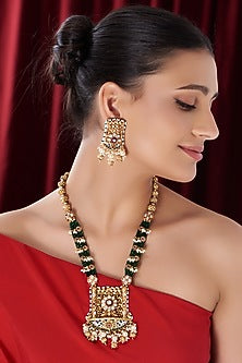 Gold Finish Pearl & Beaded Long Temple Necklace Set