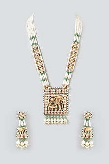 Gold Finish Pearl & Beaded Long Temple Necklace Set