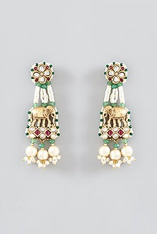 Gold Finish Pearl & Beaded Long Temple Necklace Set