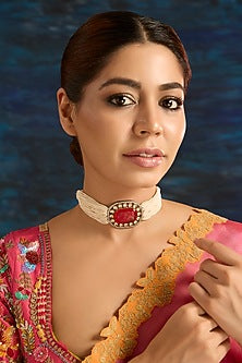Gold Finish Kundan Polki & Ruby Choker Necklace Set