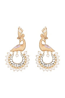 Gold Finish Faux Pearls & Kundan Polki Peacock Earrings