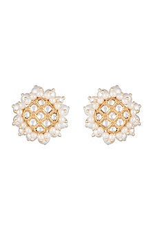 Gold Finish Faux Pearls & Kundan Polki Stud Earrings