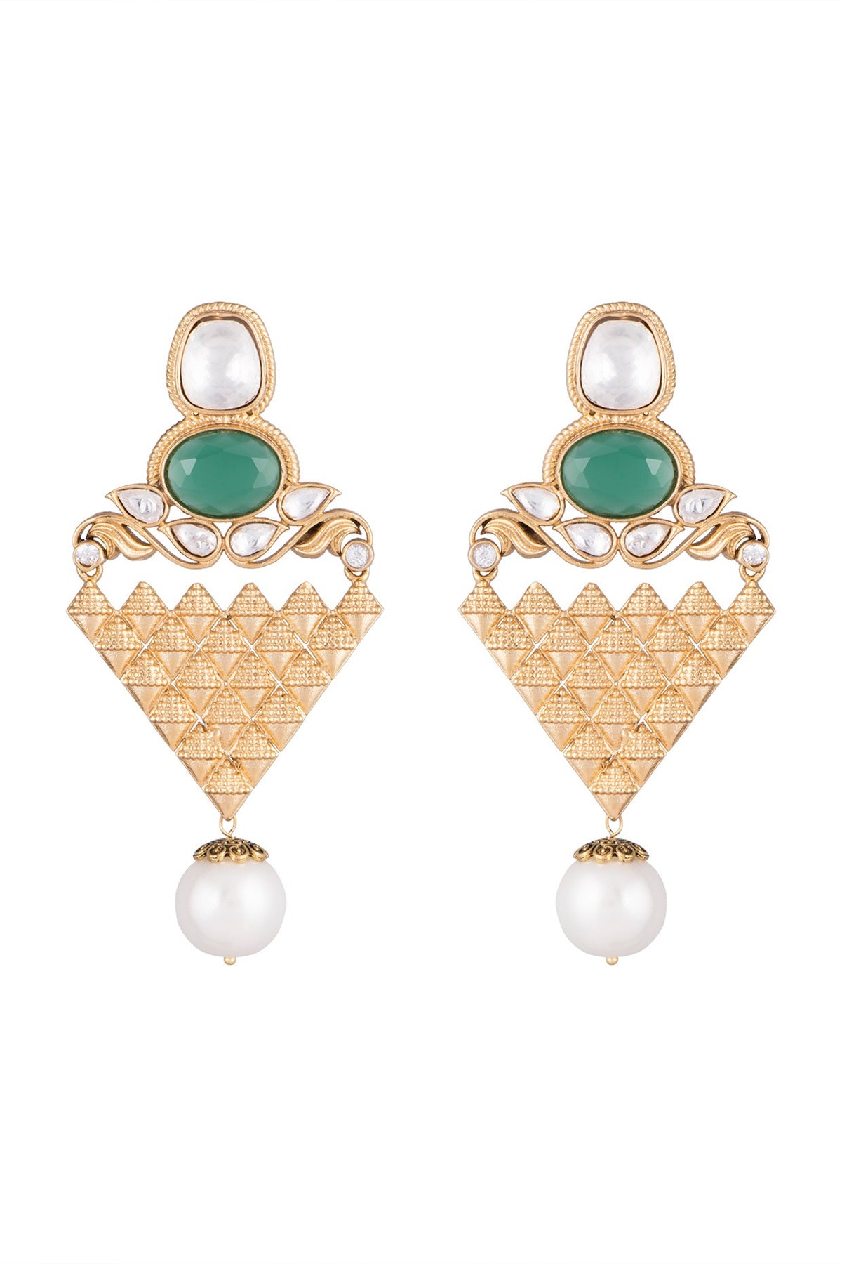 Gold Finish Faux Pearl & Kundan Polki Earrings