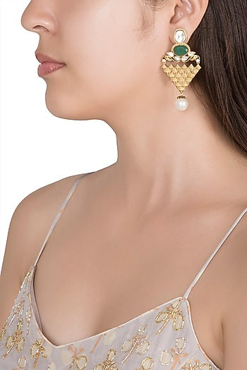 Gold Finish Faux Pearl & Kundan Polki Earrings