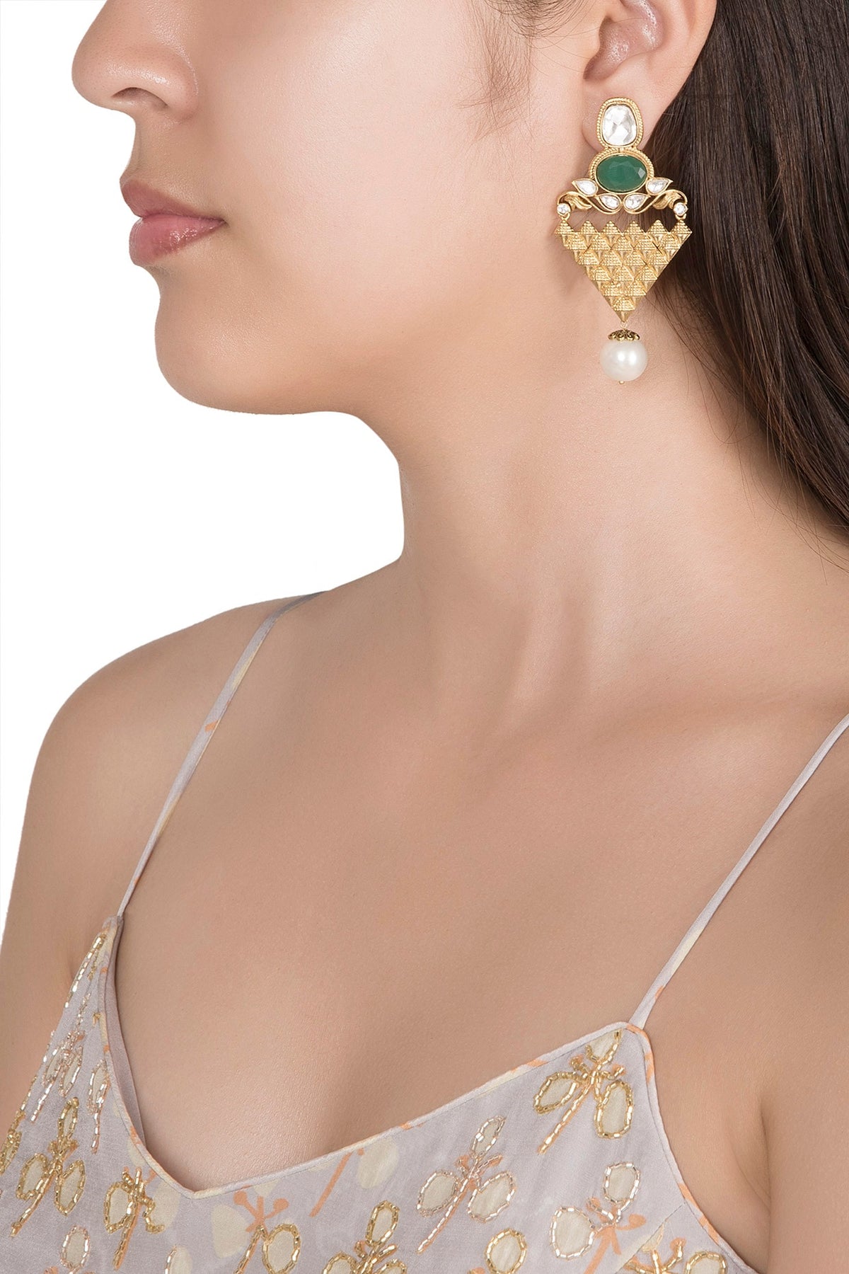 Gold Finish Faux Pearl & Kundan Polki Earrings