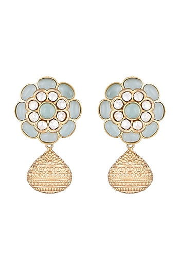 Gold Finish Kundan Polki & Sky Blue Stone Earrings