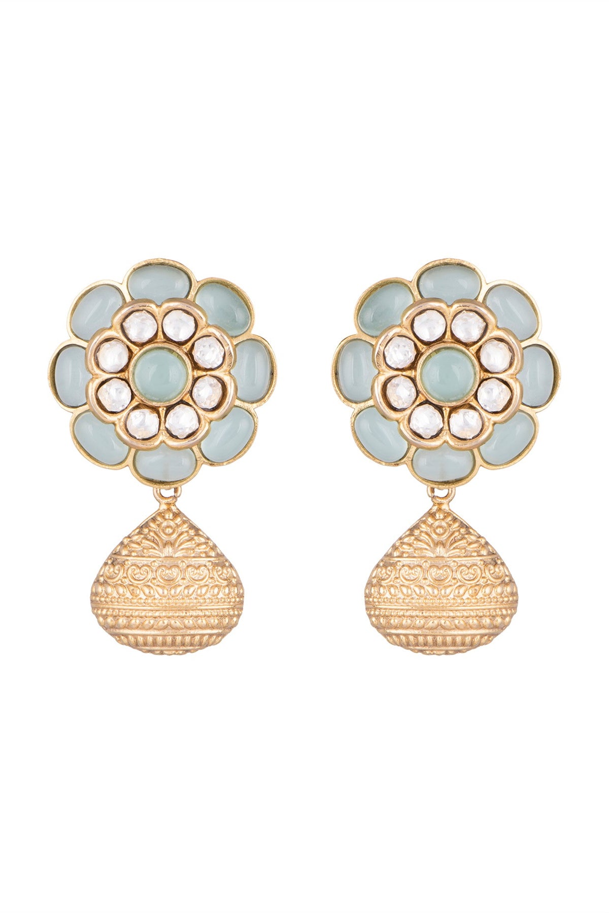 Gold Finish Kundan Polki & Sky Blue Stone Earrings