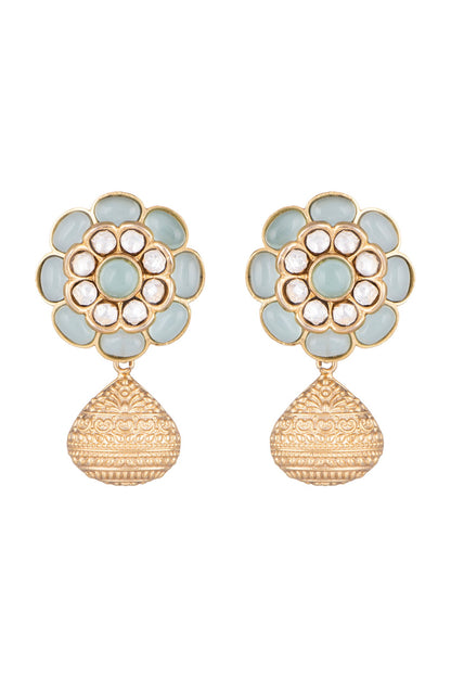 Gold Finish Kundan Polki & Sky Blue Stone Earrings