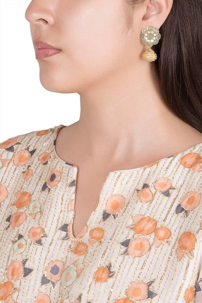 Gold Finish Kundan Polki & Sky Blue Stone Earrings