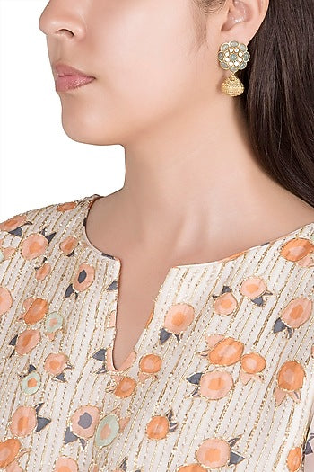 Gold Finish Kundan Polki & Sky Blue Stone Earrings
