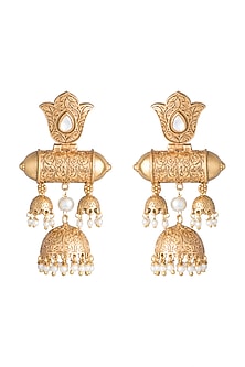 Gold Finish Kundan Polki & Faux Pearl Long Earrings