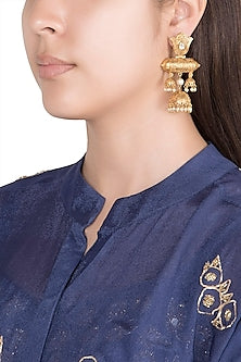 Gold Finish Kundan Polki & Faux Pearl Long Earrings