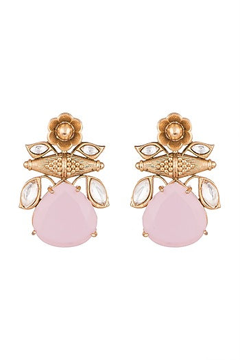 Gold Finish Kundan Polki & Pink Stone Earrings