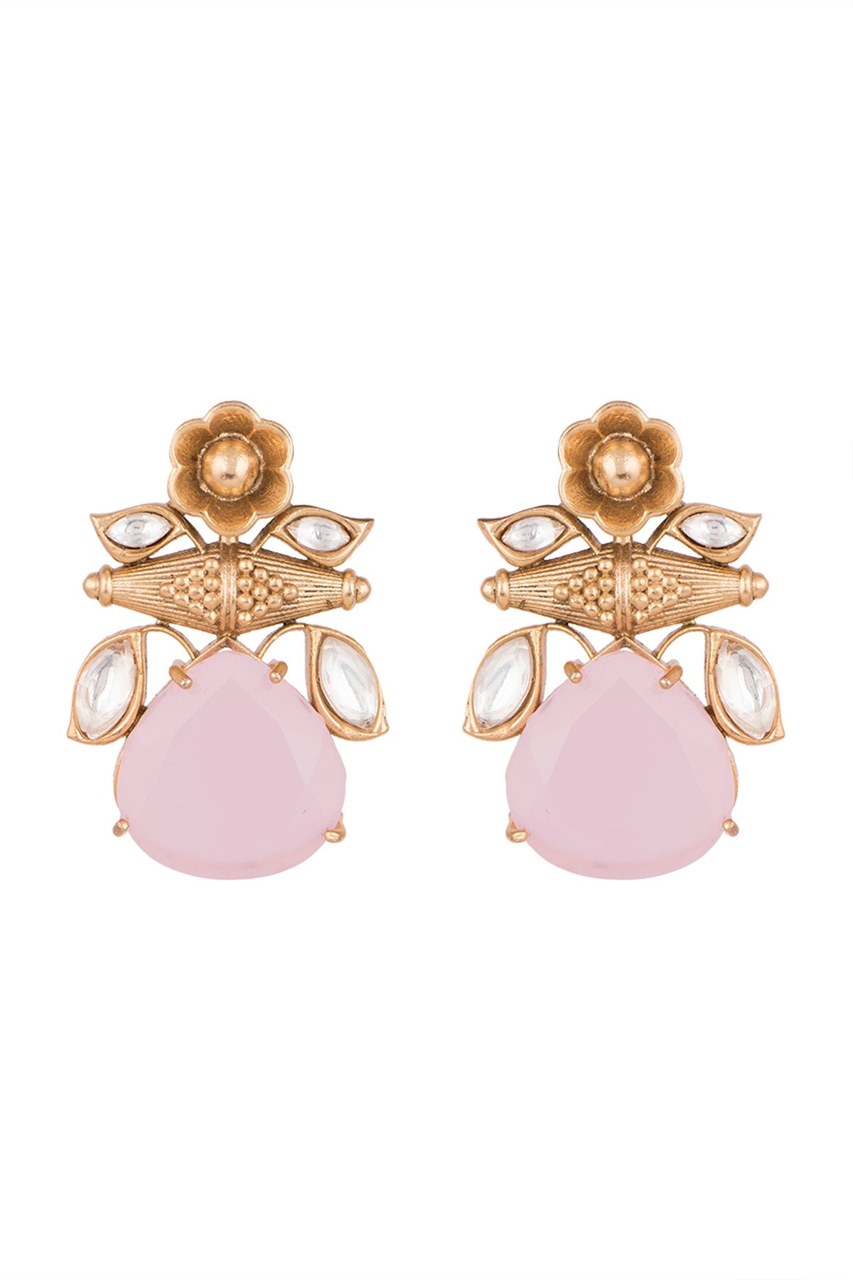 Gold Finish Kundan Polki & Pink Stone Earrings