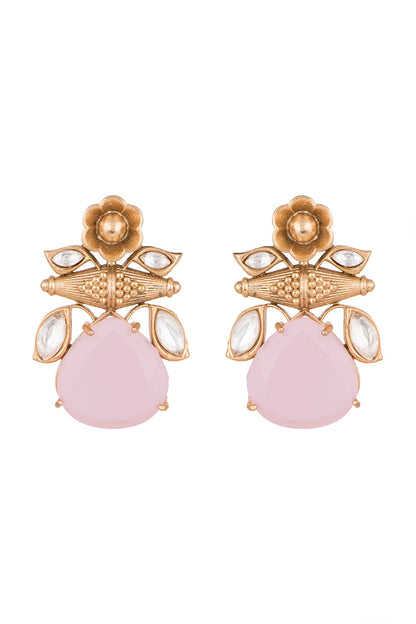 Gold Finish Kundan Polki & Pink Stone Earrings